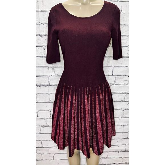 MILLY Scoop-Neck Elbow-Sleeve Fit-and-Flare Metallic Pleated Dress - Picture 1 of 10